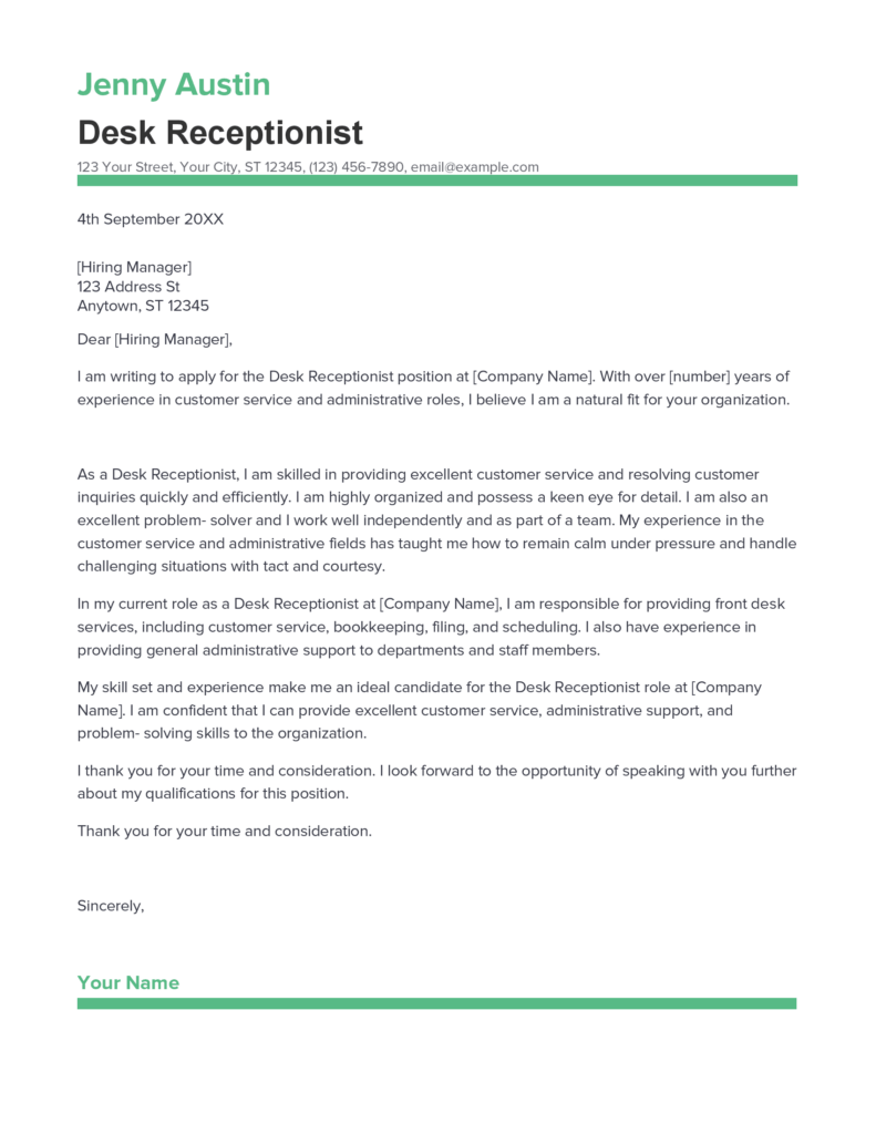 Best Desk Receptionist Cover Letter Example for 2023