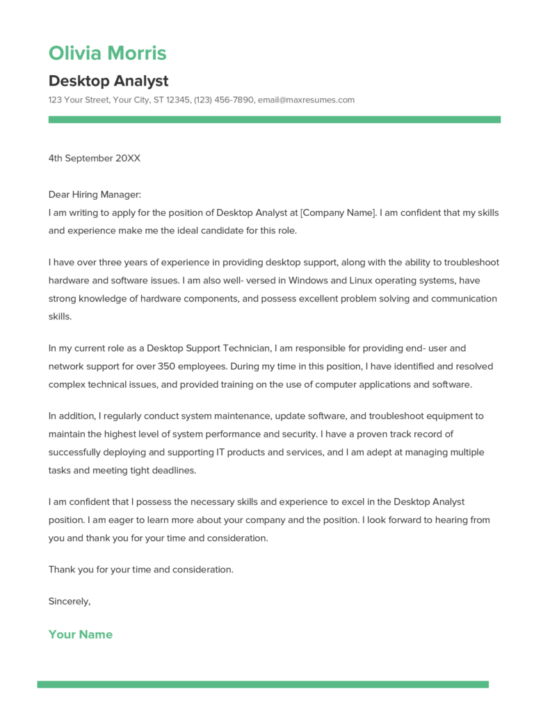 Best Desktop Analyst Cover Letter Example for 2023