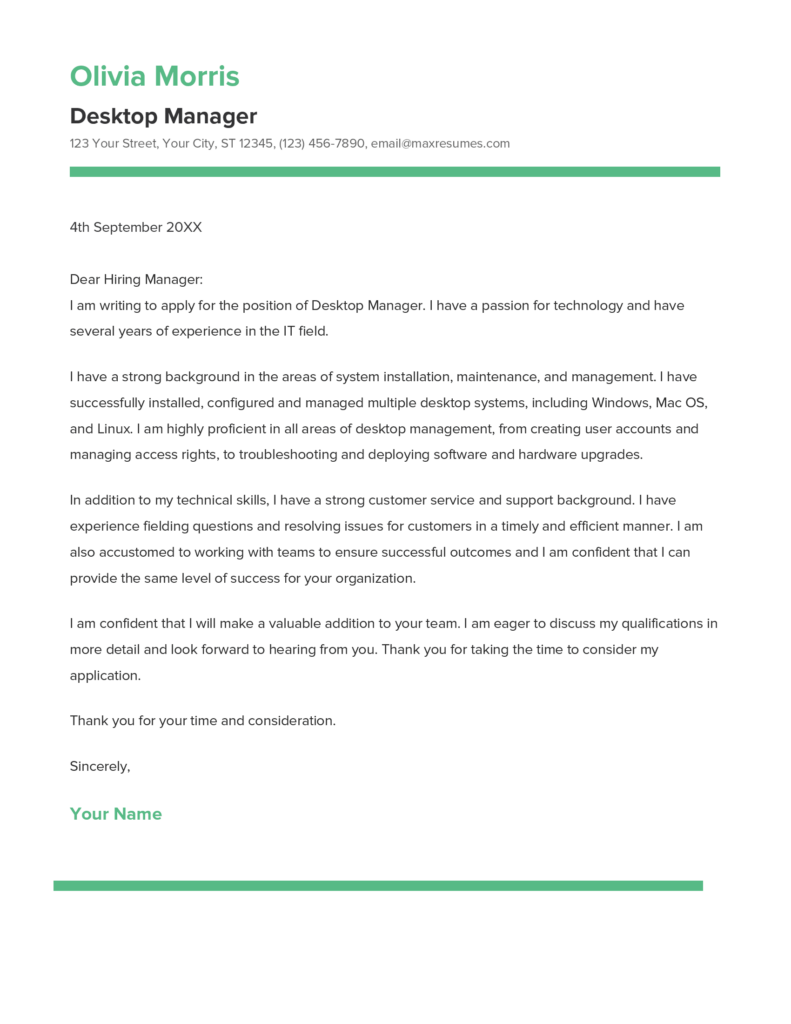 Best Desktop Manager Cover Letter Example for 2023