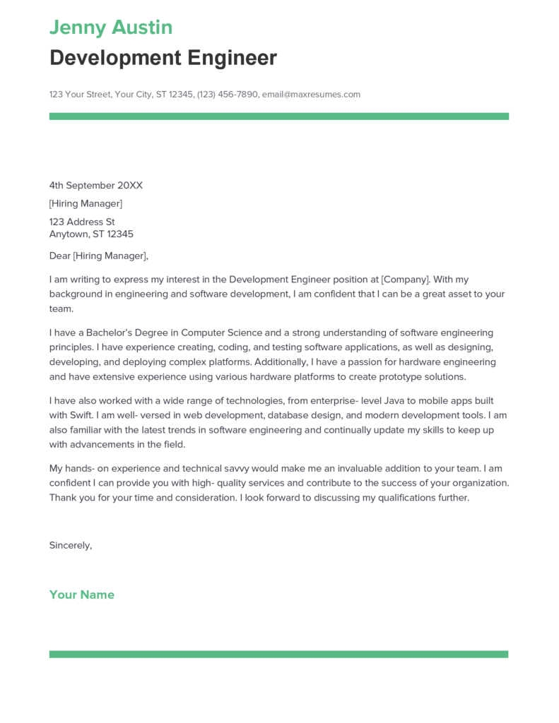 Best Development Engineer Cover Letter Example for 2023