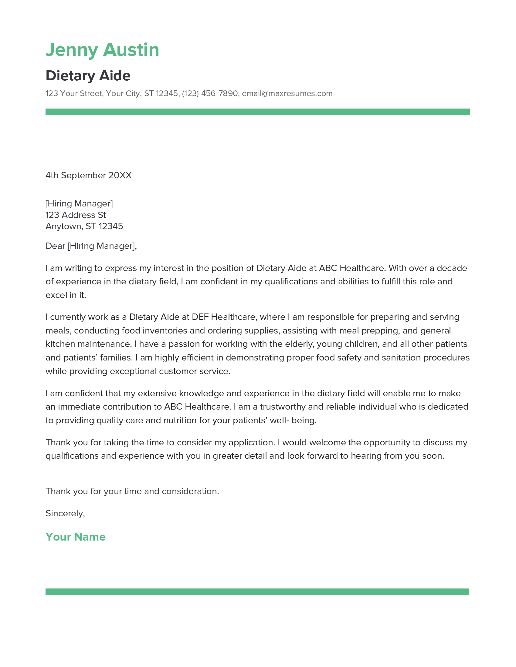 Dietary Aide Cover Letter Example