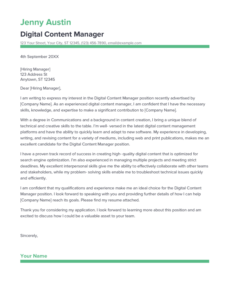 cover letter content manager