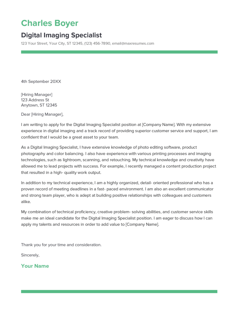 Best Digital Imaging Specialist Cover Letter Example for 2023