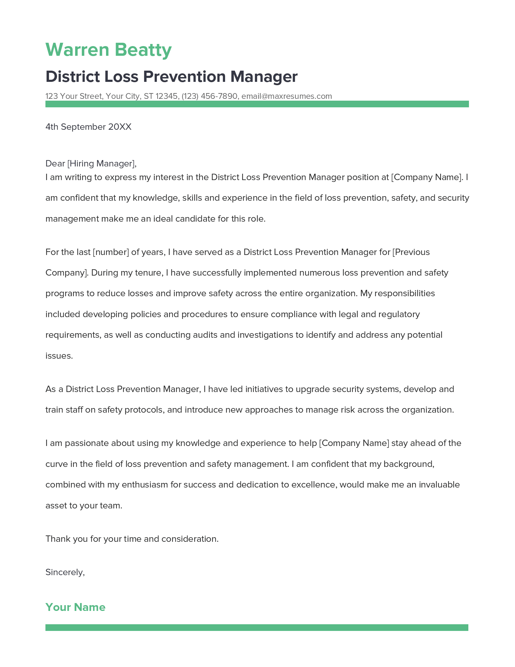 District Loss Prevention Manager Cover Letter Example