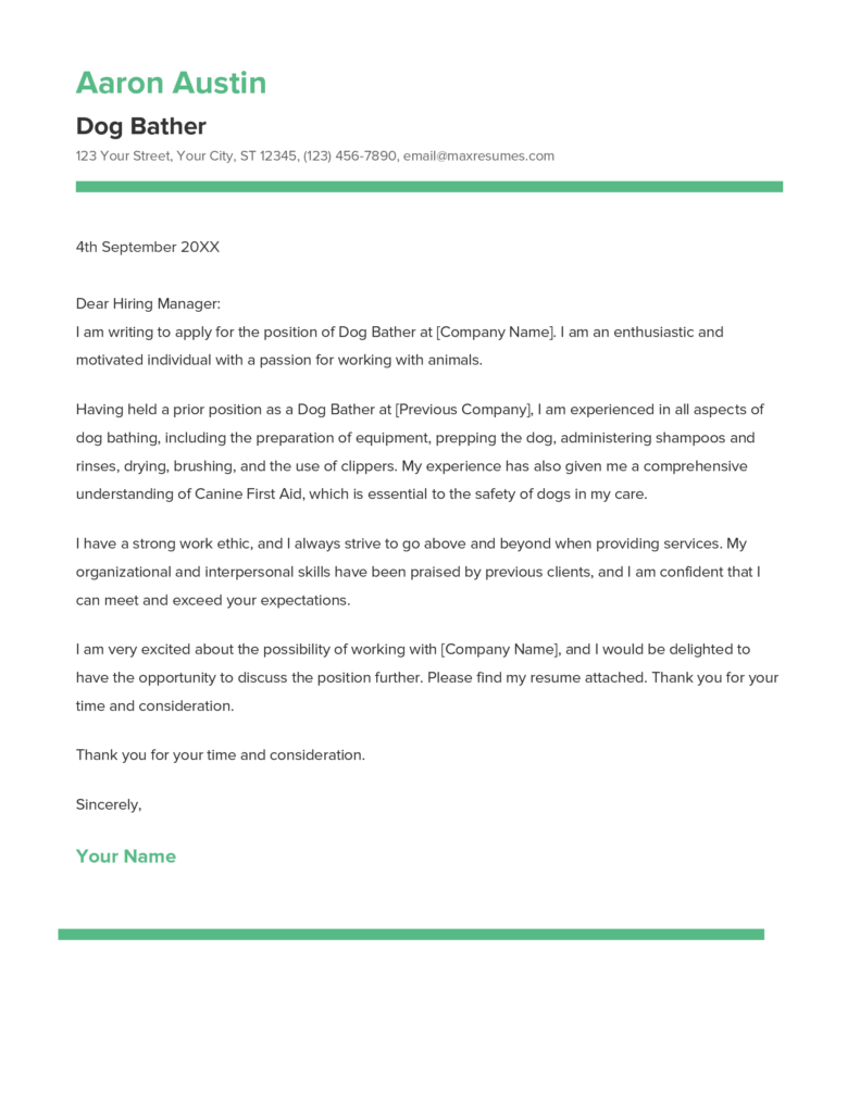 Best Dog Bather Cover Letter Example for 2023