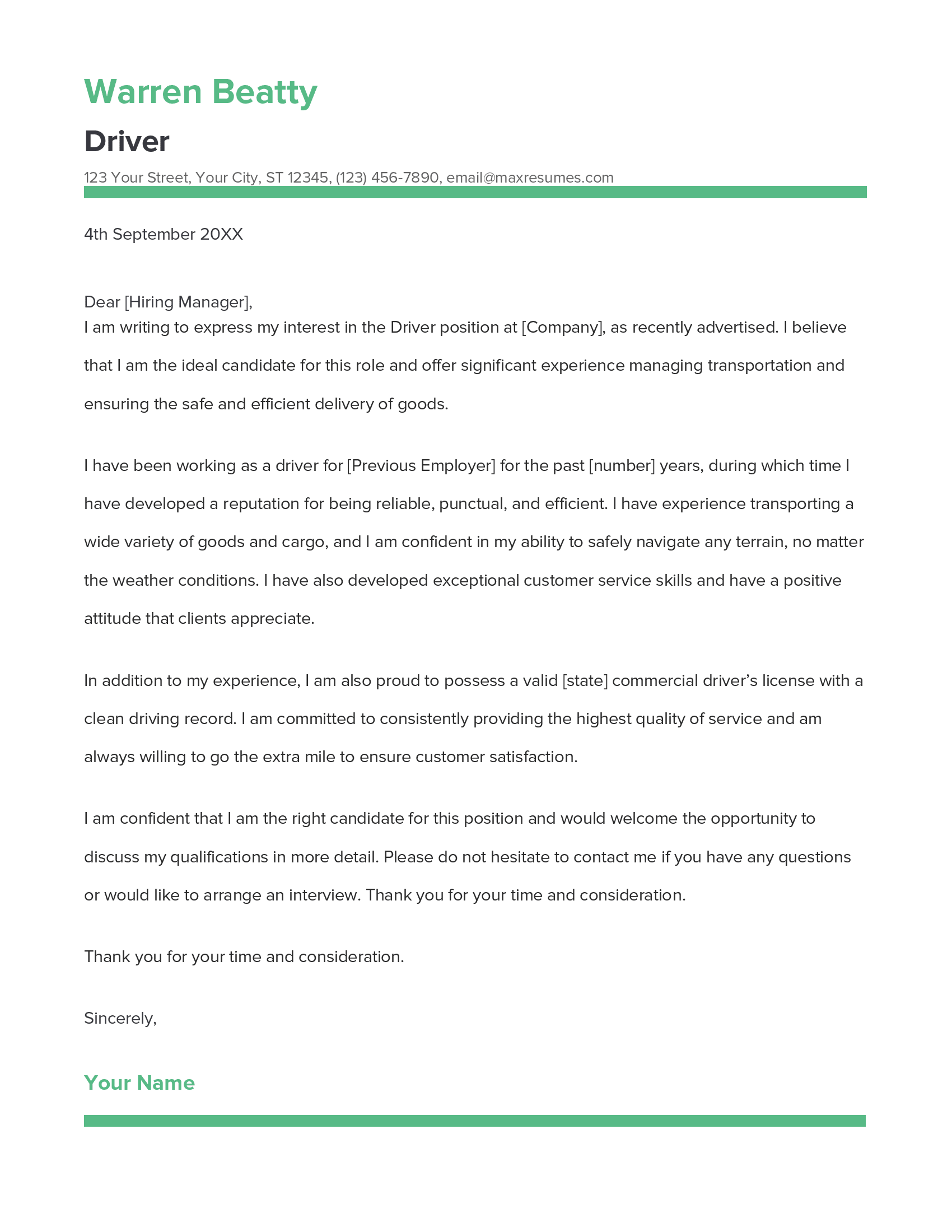 Driver Cover Letter Example