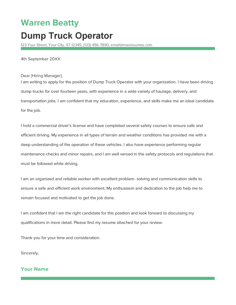 Best Dump Truck Operator Cover Letter Example for 2023