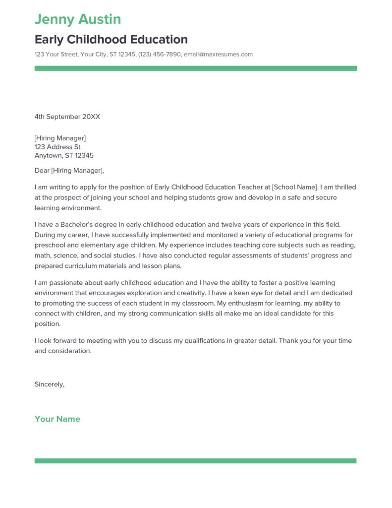 Best Early Childhood Education Teacher Cover Letter Example for 2023