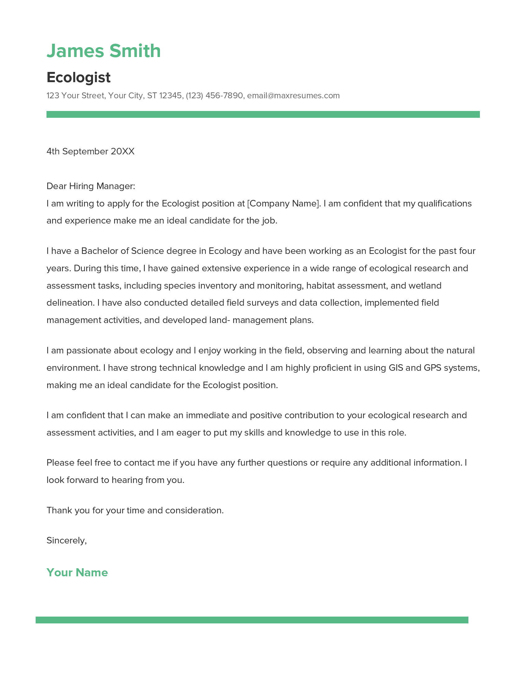 Ecologist Cover Letter Example