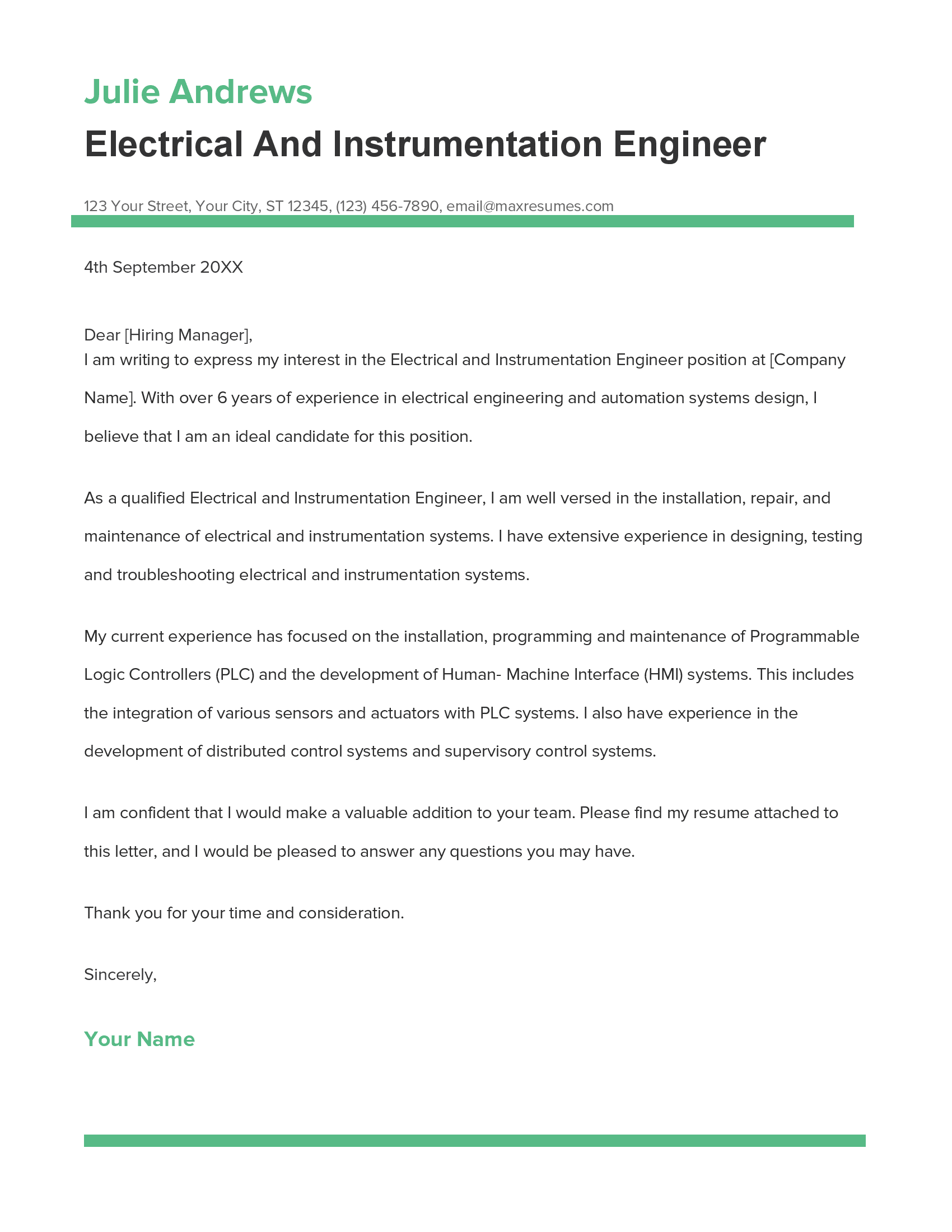 Electrical And Instrumentation Engineer Cover Letter Example