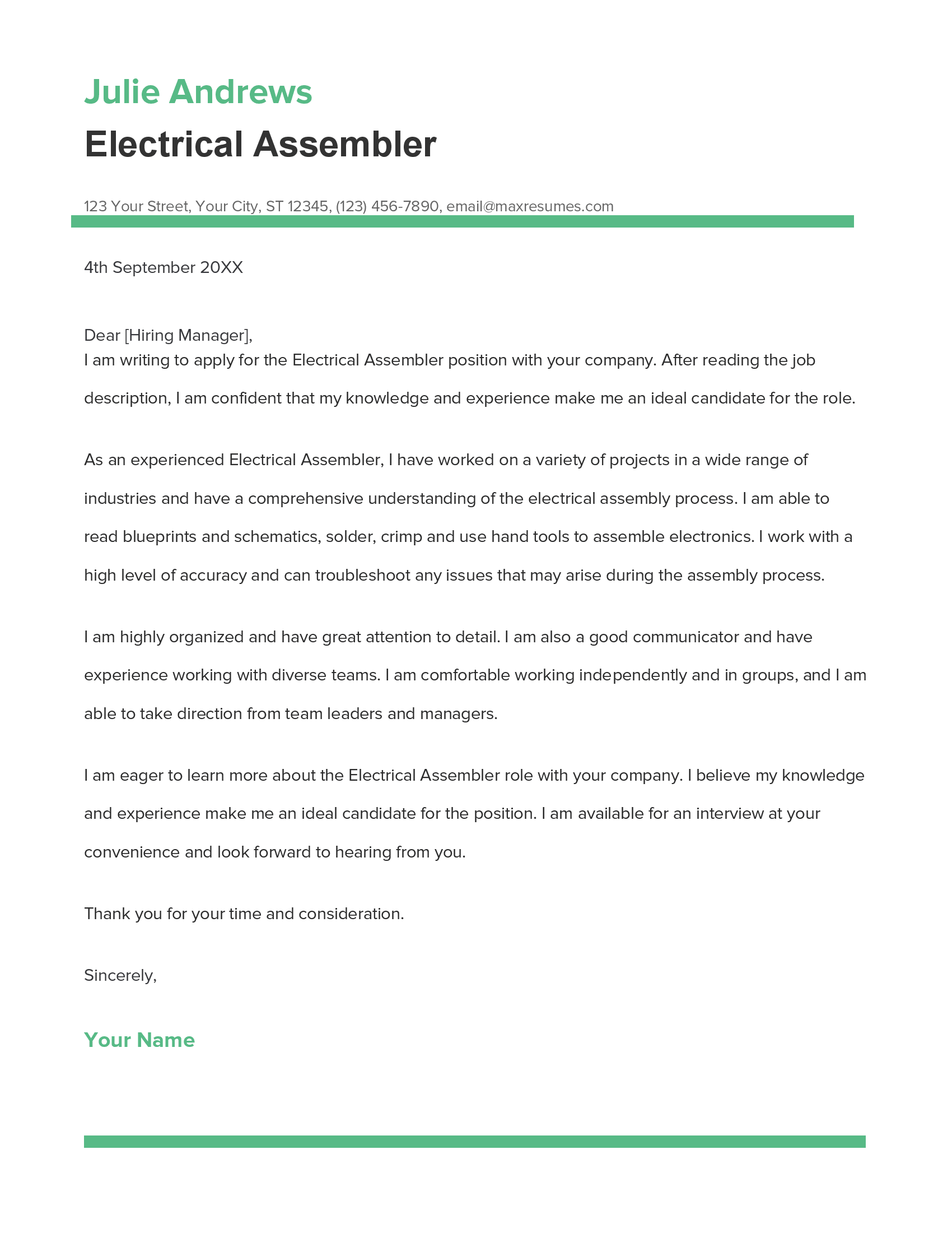 Electrical Assembler Cover Letter Example