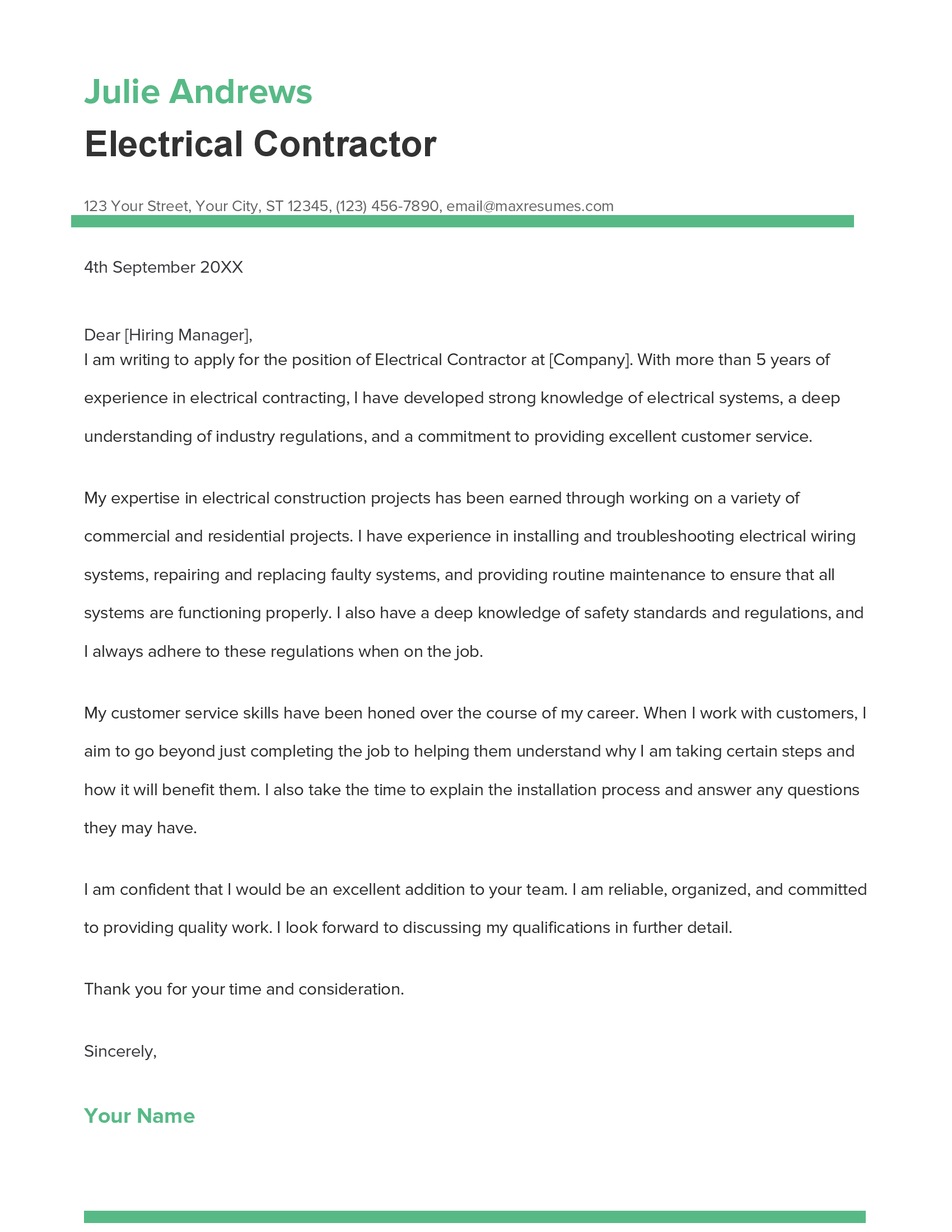Electrical Contractor Cover Letter Example