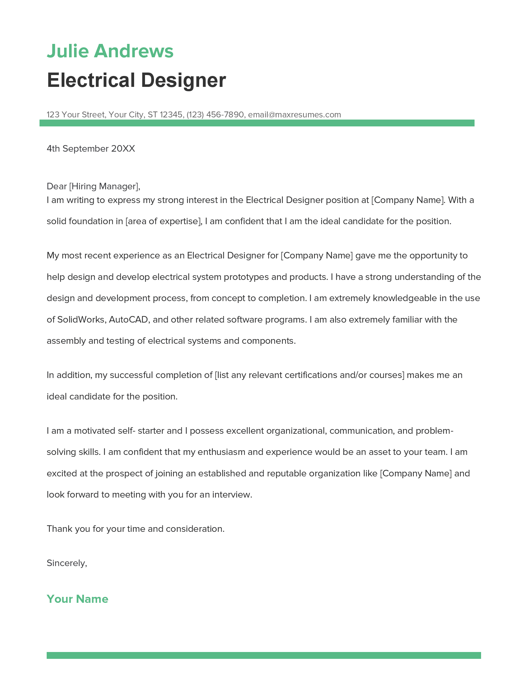 Electrical Designer Cover Letter Example