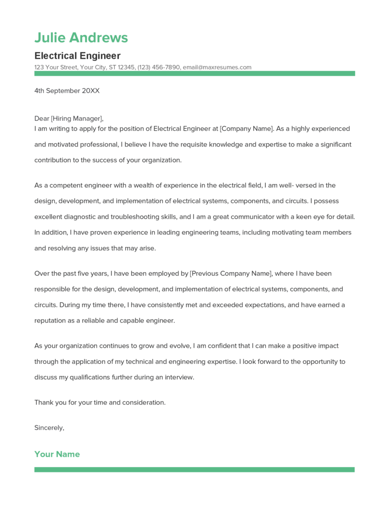 Best Electrical Engineer Cover Letter Example for 2023 - Effective Cover Letter Writing For A Renewable Energy Electrical Engineer