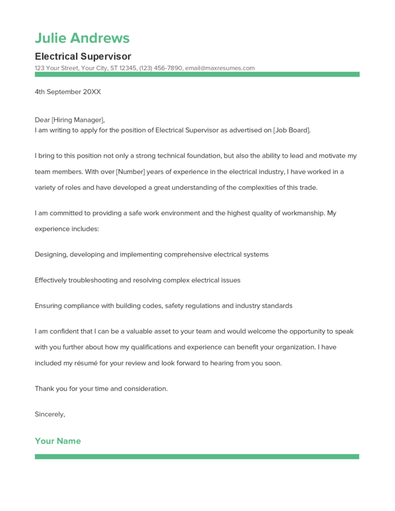 Best Electrical Supervisor Cover Letter Example for 2023