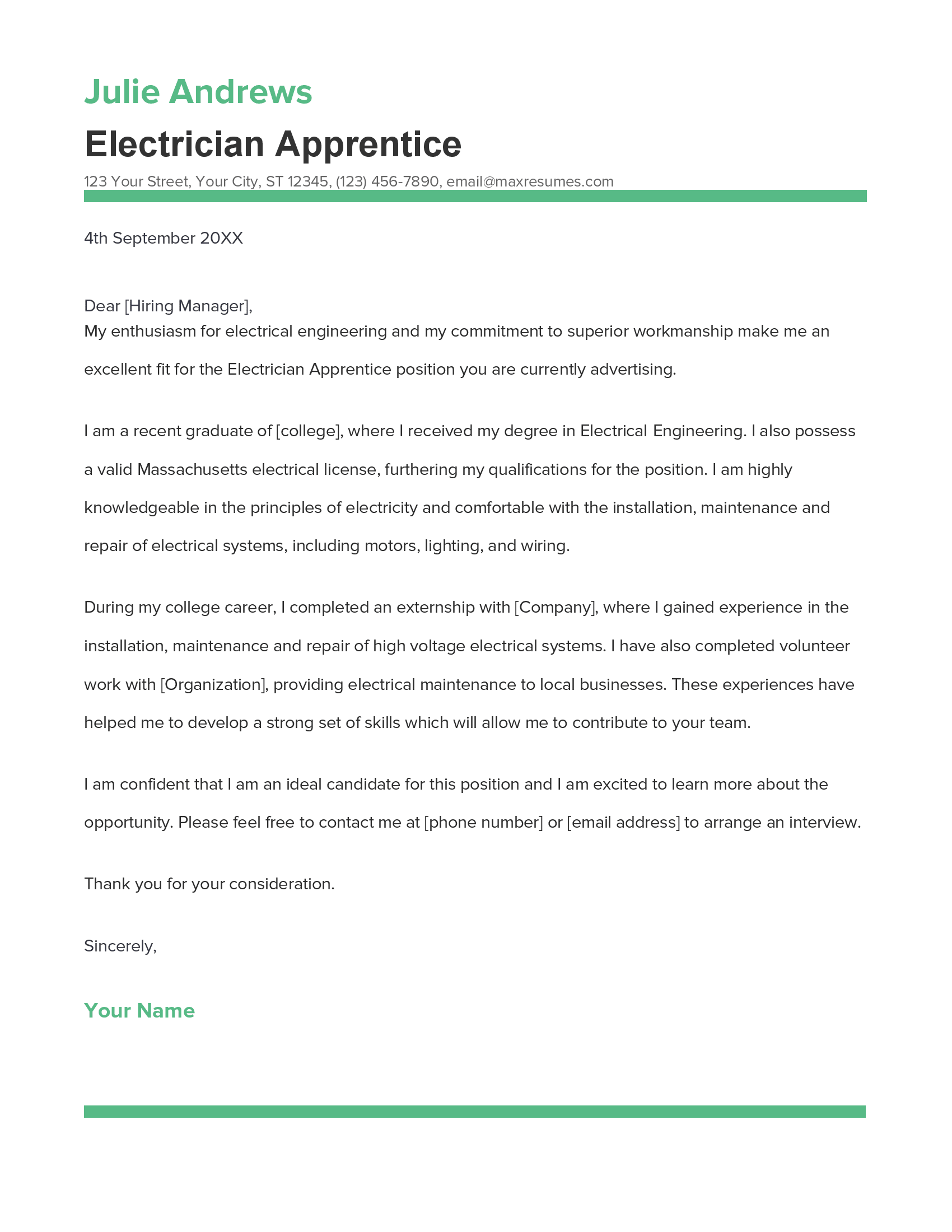 Electrician Apprentice Cover Letter Example