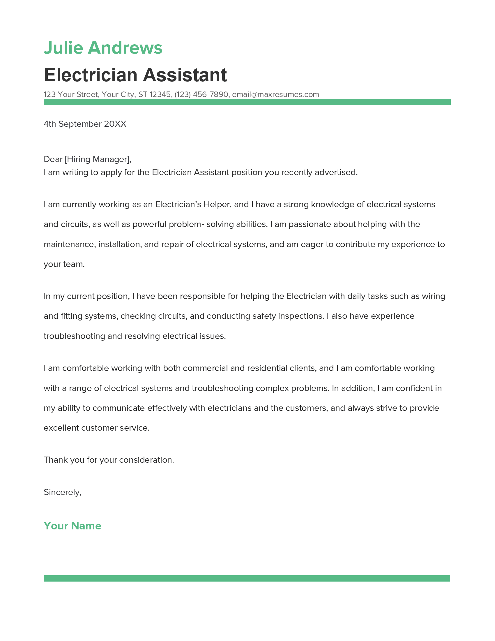 Electrician Assistant Cover Letter Example