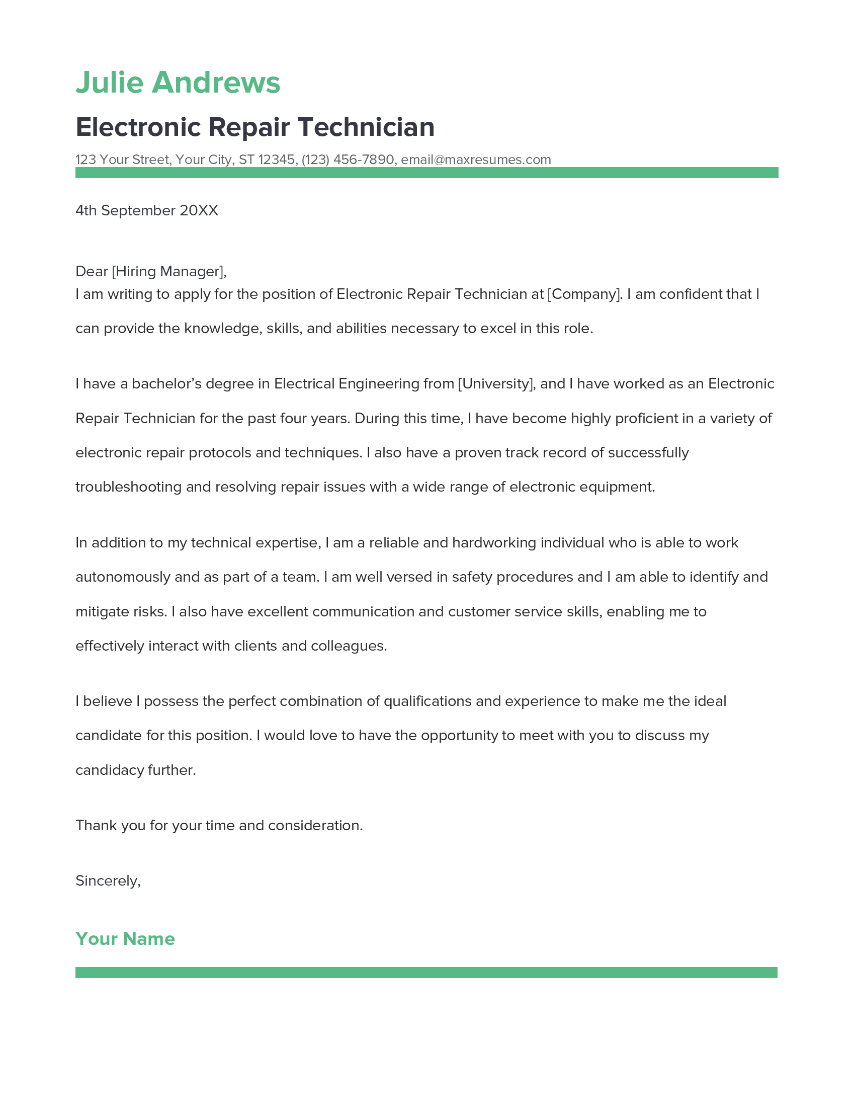 Electronic Repair Technician Cover Letter Example