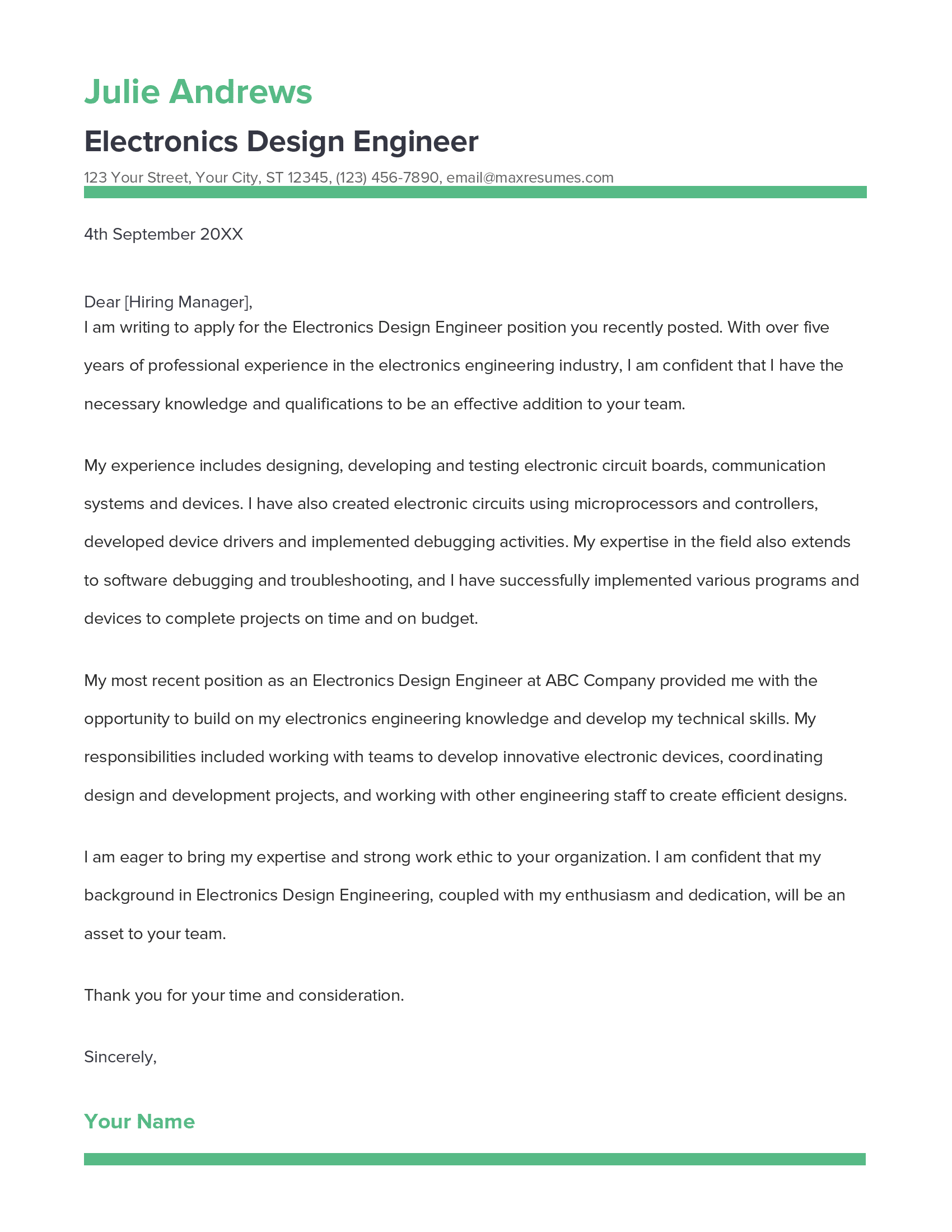 Electronics Design Engineer Cover Letter Example