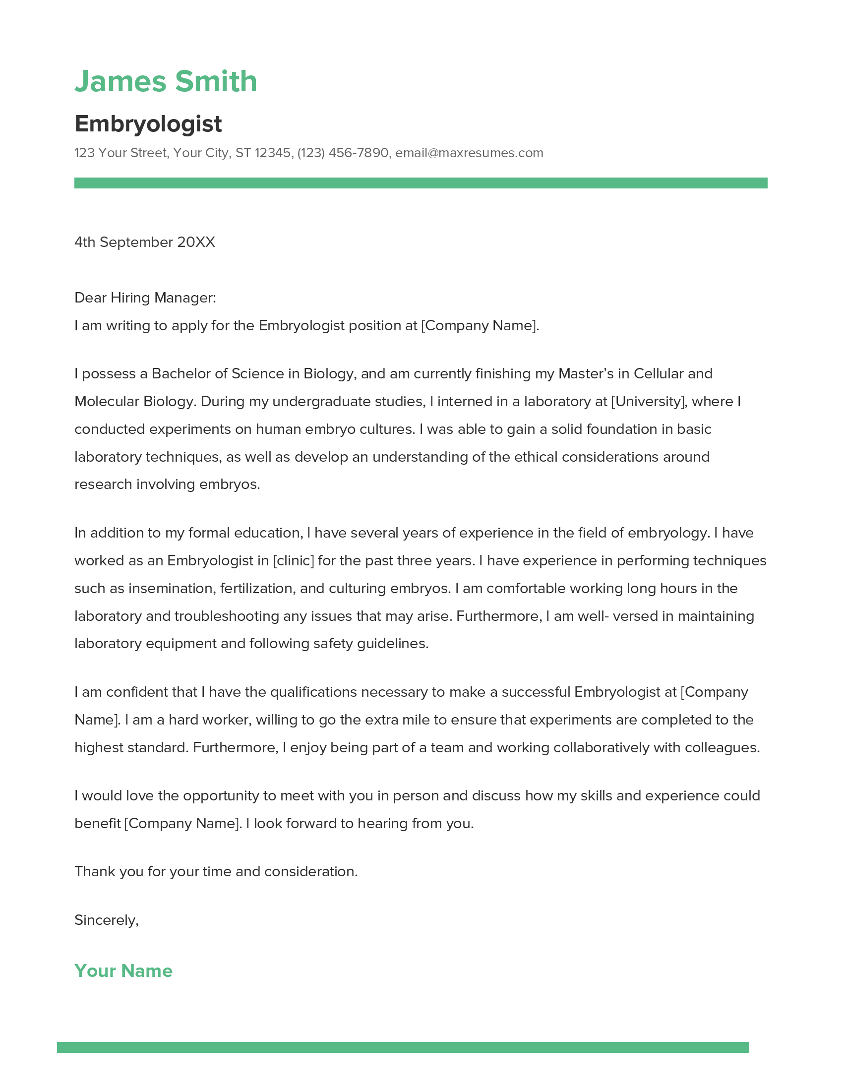 Embryologist Cover Letter Example