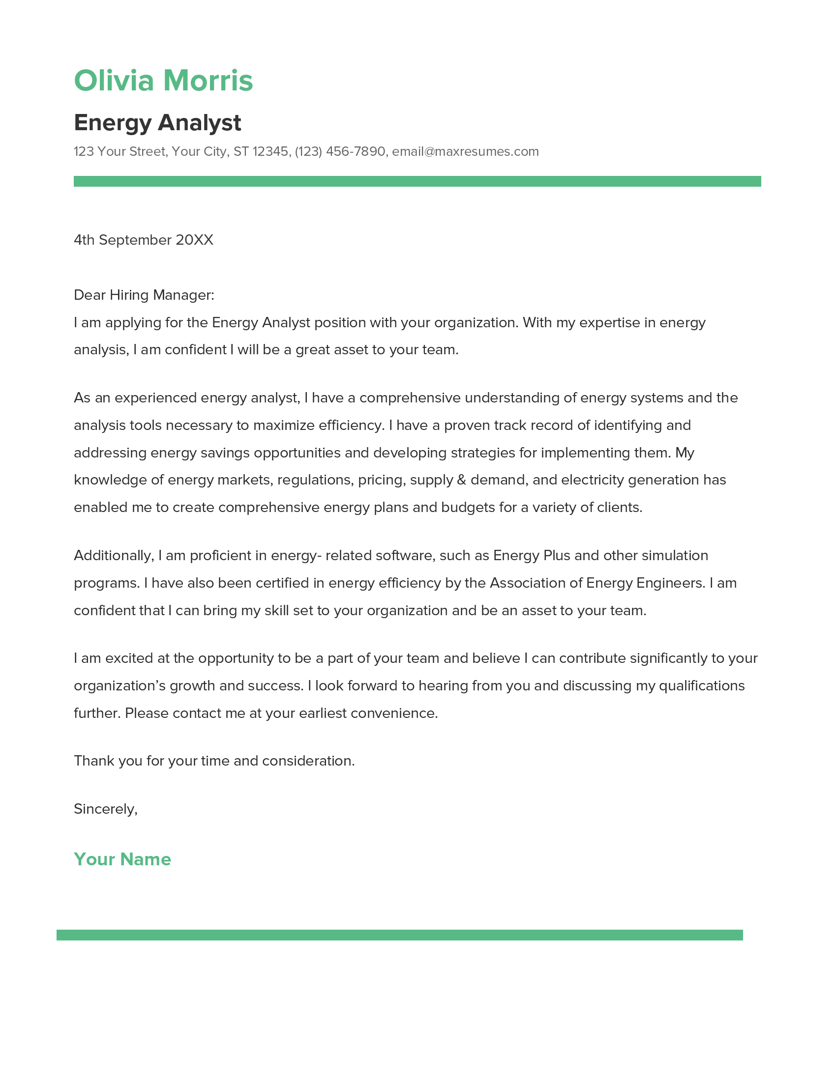 Energy Analyst Cover Letter Example