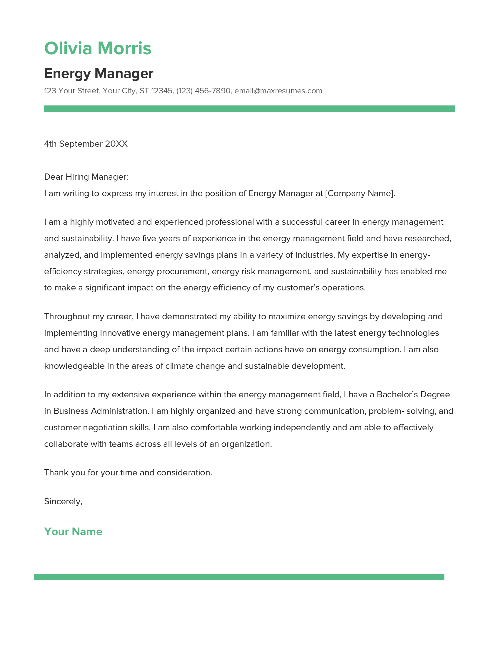 Energy Manager Cover Letter Example