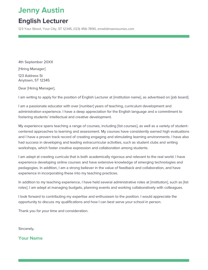 Best English Lecturer Cover Letter Example For 2023   English Lecturer Cover Letter Sample 791x1024 