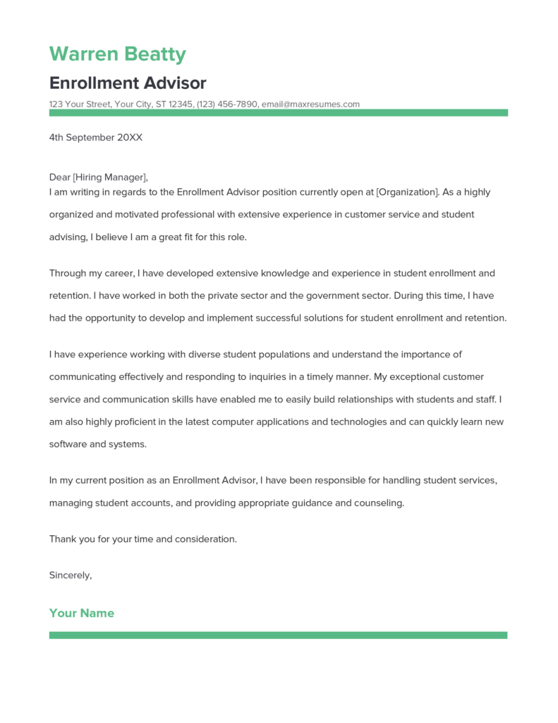 Best Enrollment Advisor Cover Letter Example for 2023