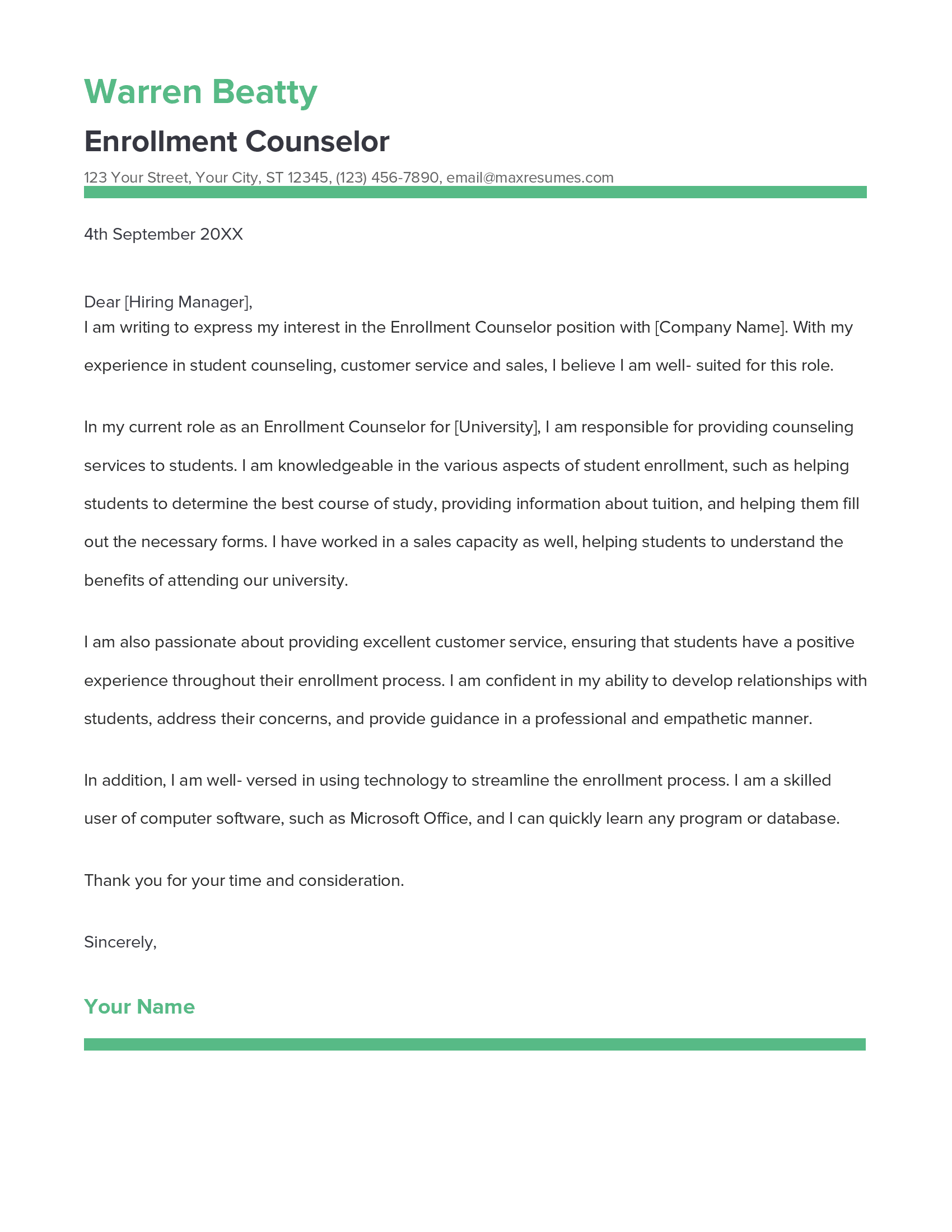 Enrollment Counselor Cover Letter Example