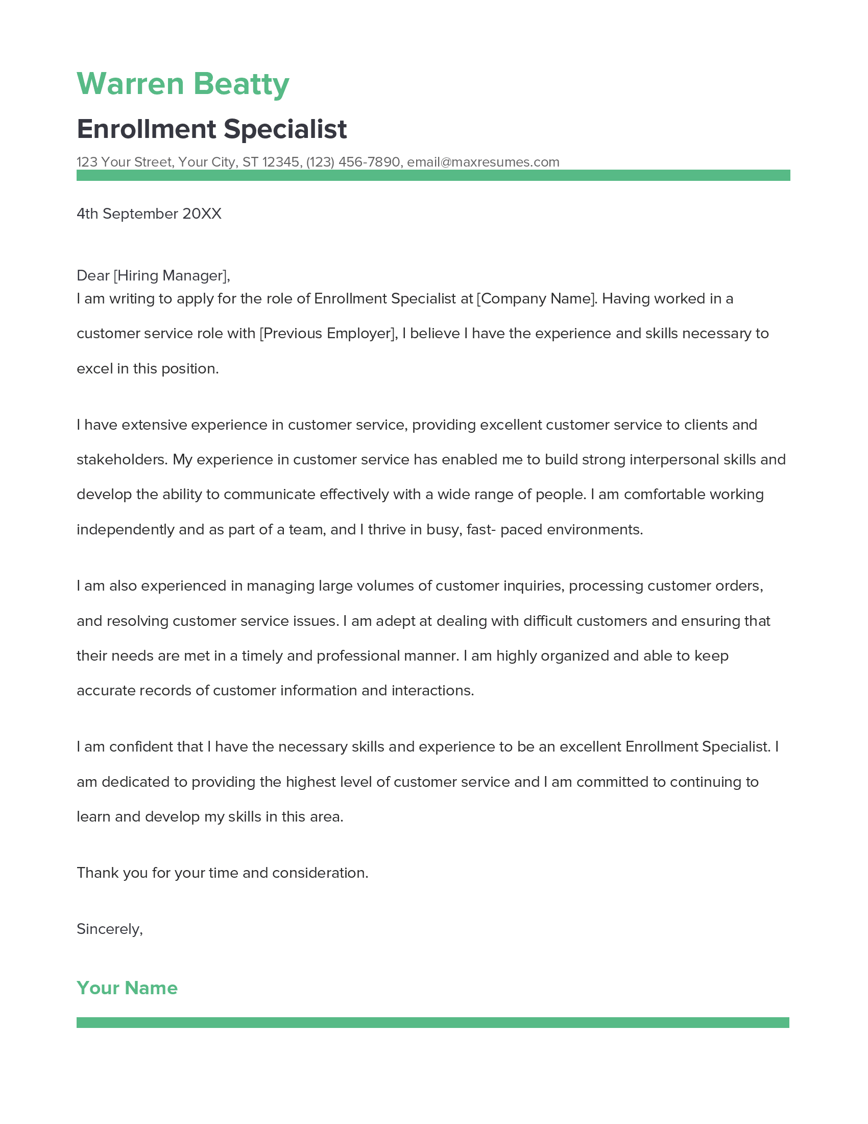 Enrollment Specialist Cover Letter Example