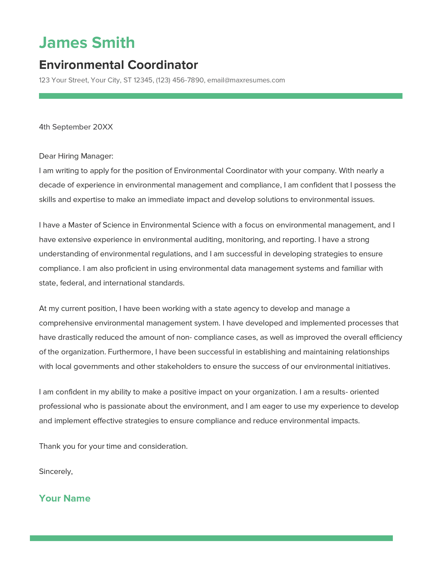 Environmental Coordinator Cover Letter Example