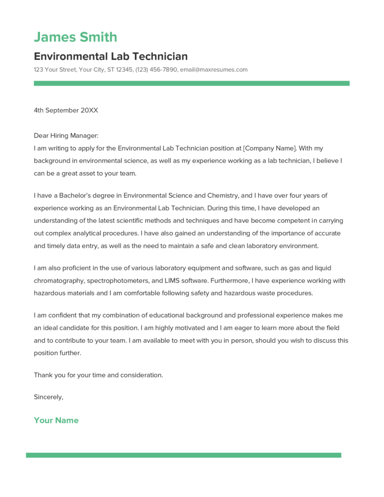 Best Environmental Lab Technician Cover Letter Example for 2023