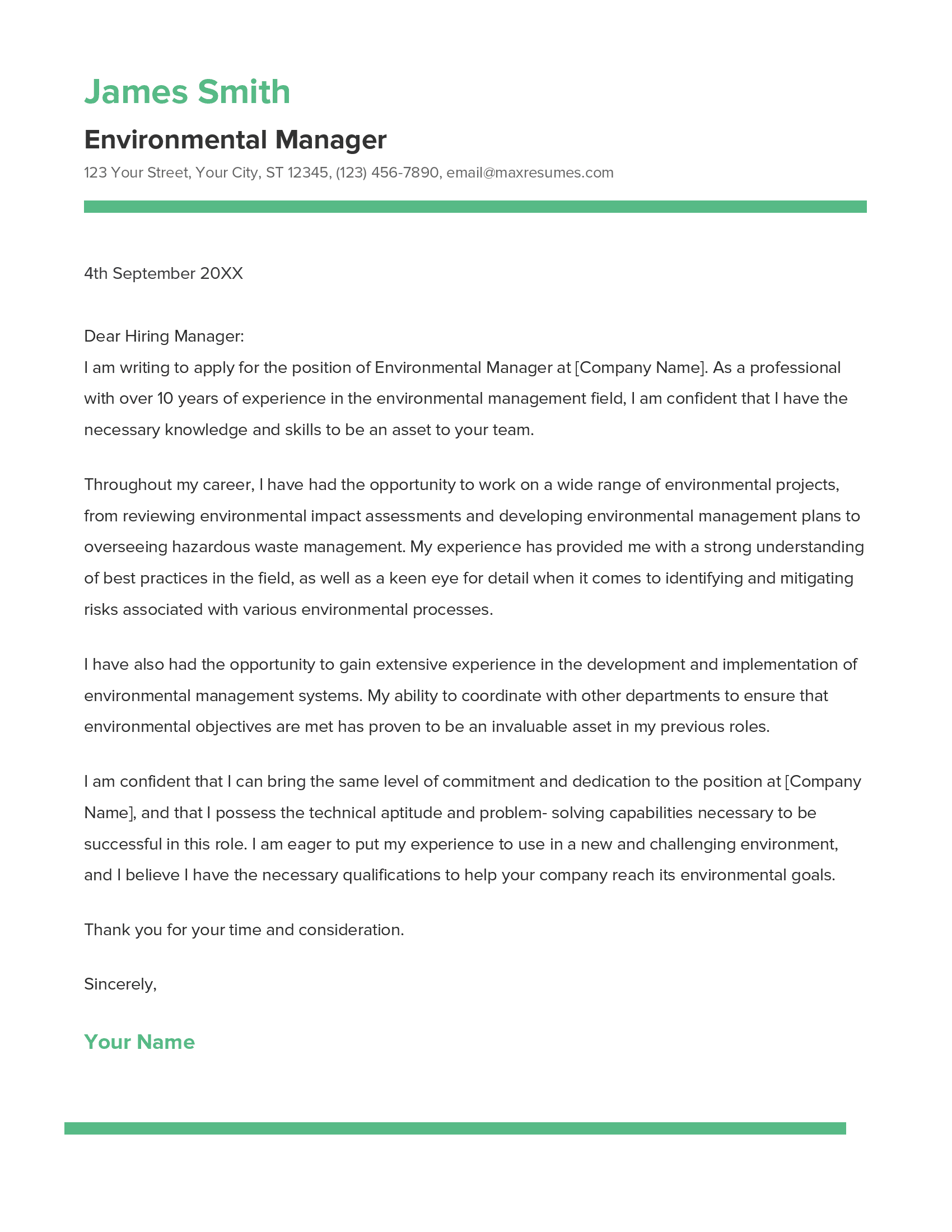 Environmental Manager Cover Letter Example