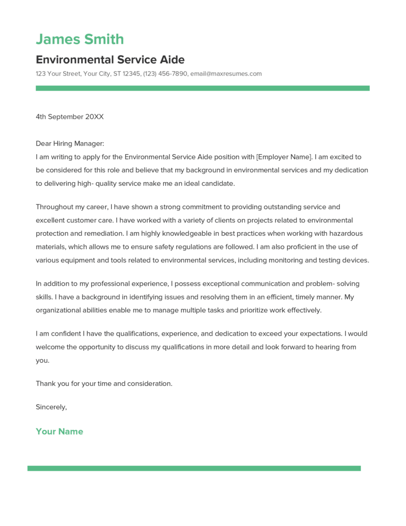 Best Environmental Service Aide Cover Letter Example for 2023