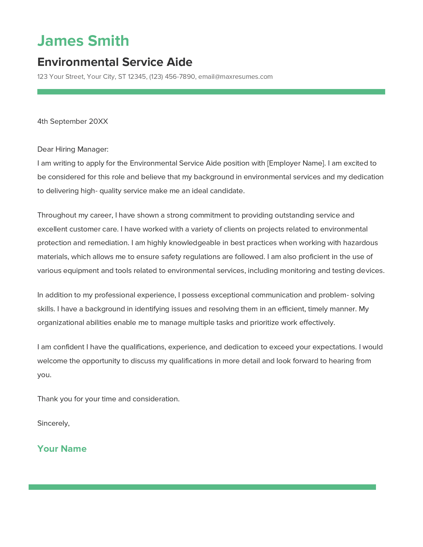 Environmental Service Aide Cover Letter Example