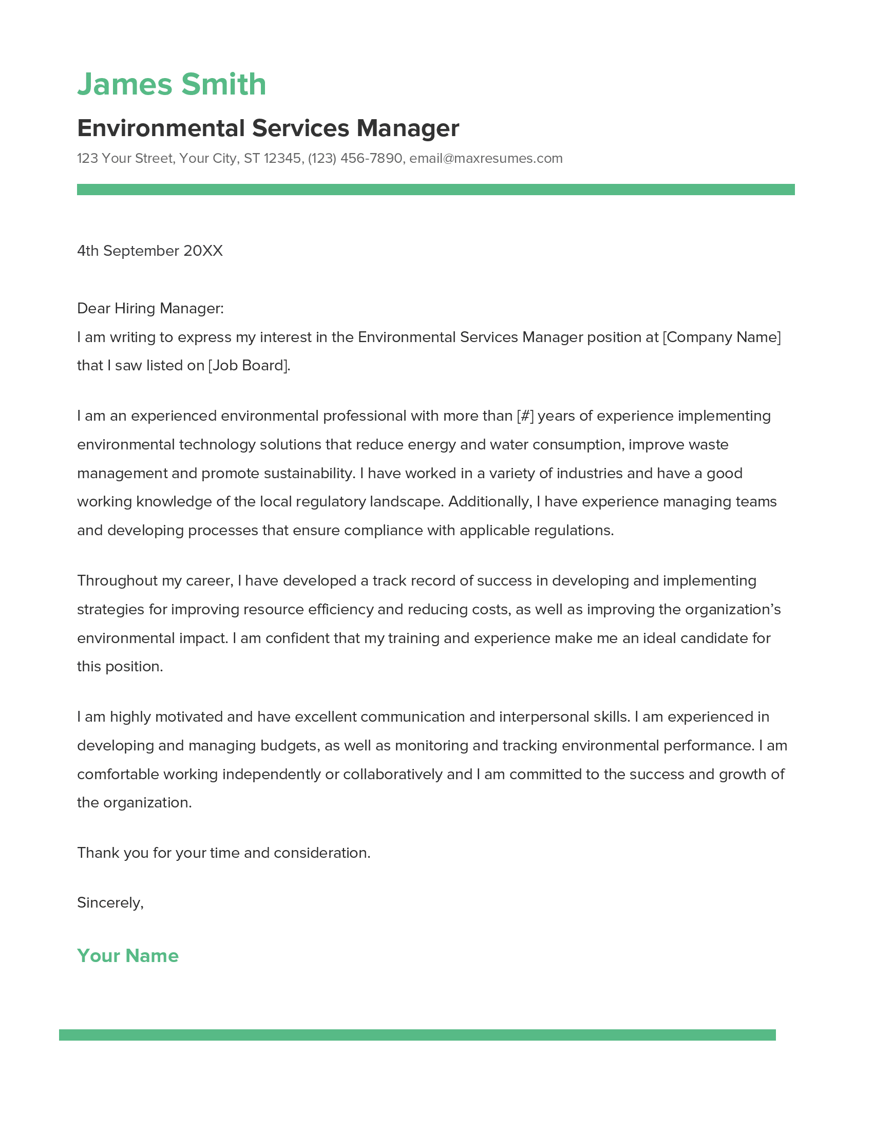 Environmental Services Manager Cover Letter Example