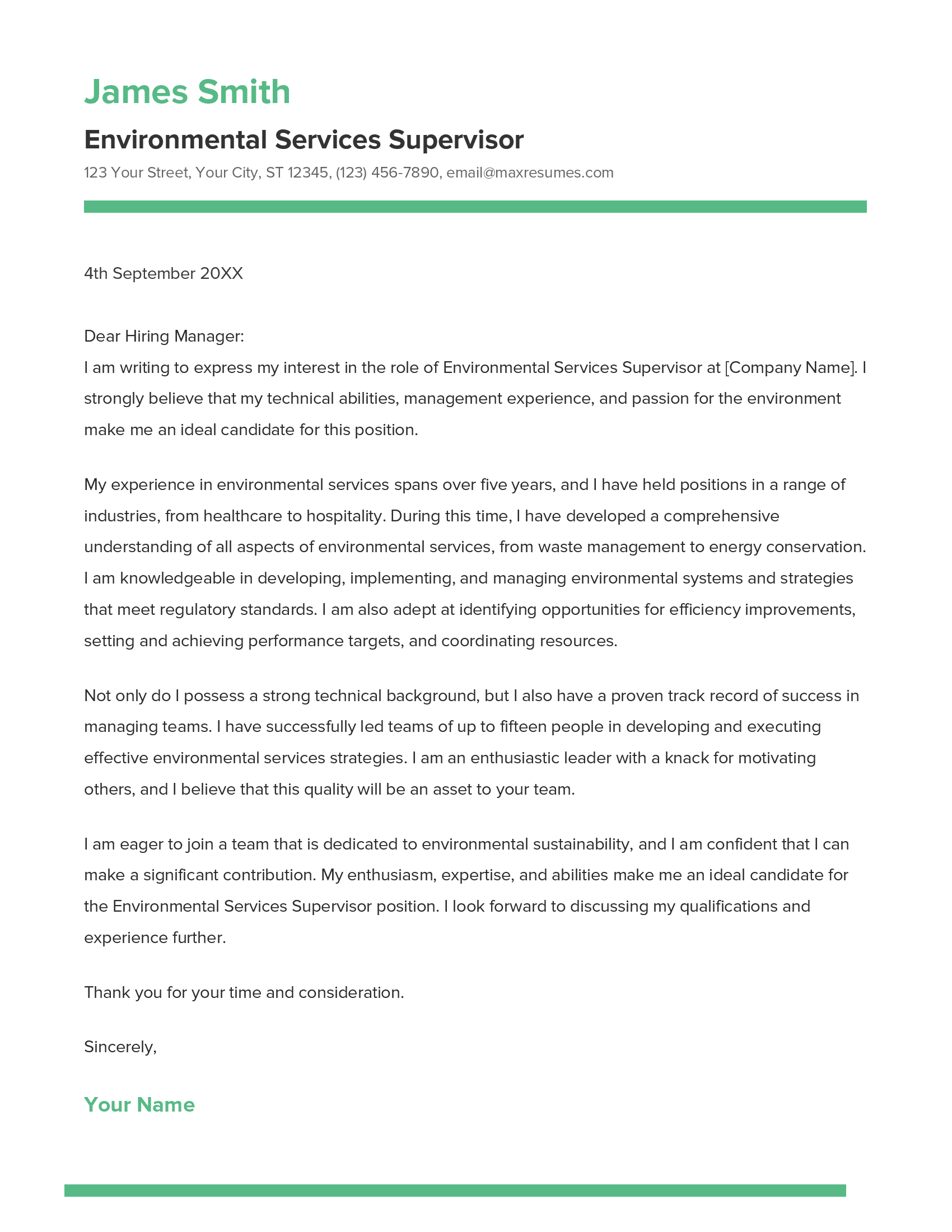 Environmental Services Supervisor Cover Letter Example
