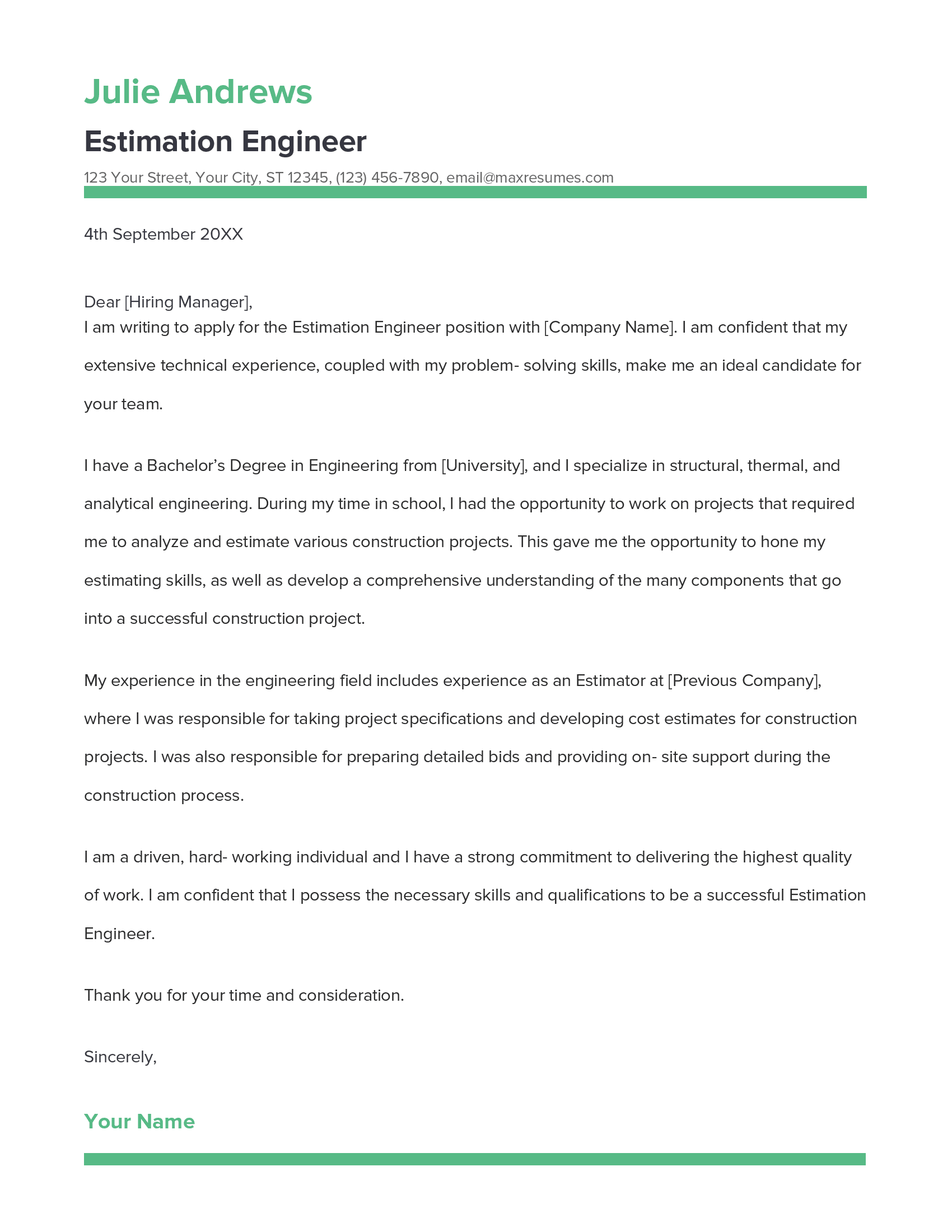 Estimation Engineer Cover Letter Example