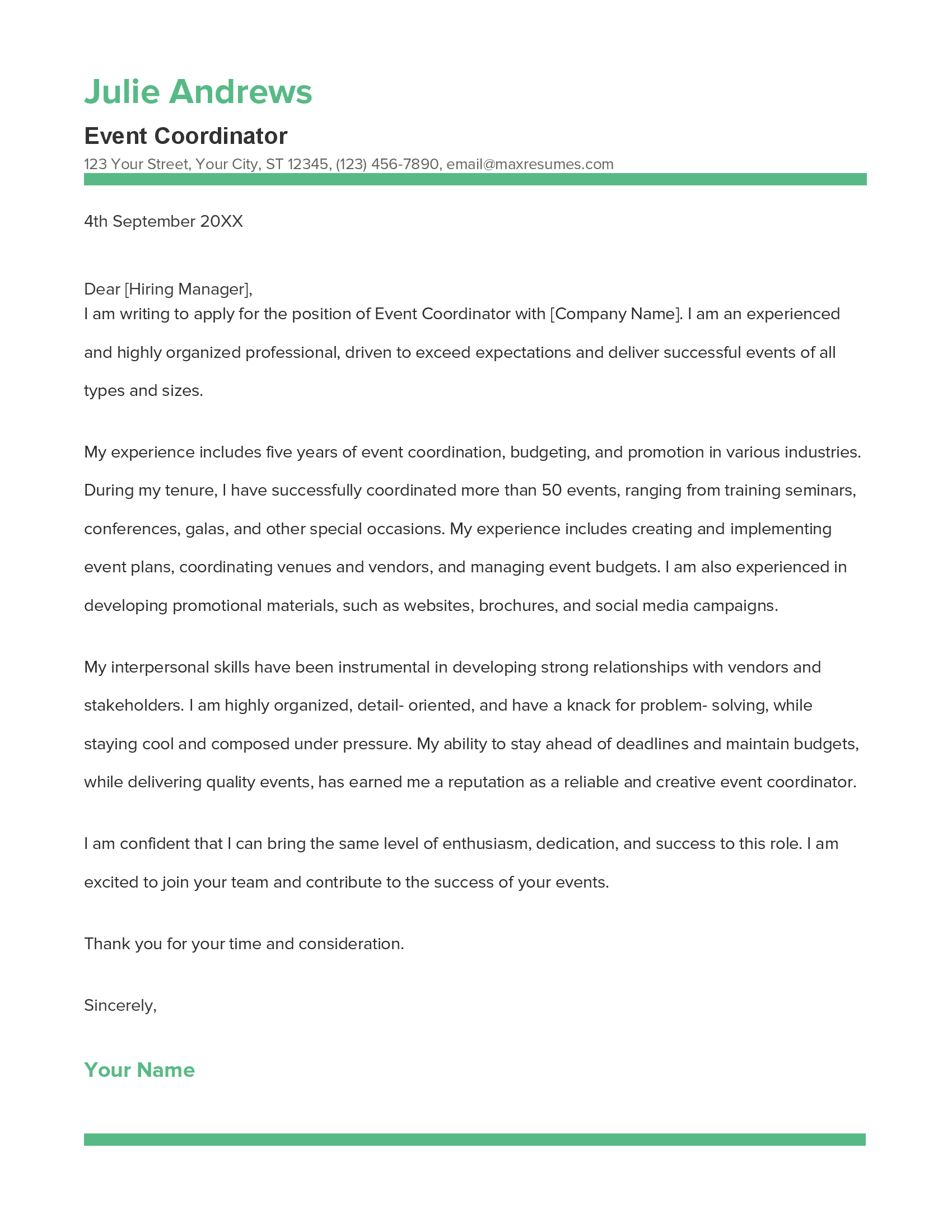 Event Coordinator Cover Letter Example