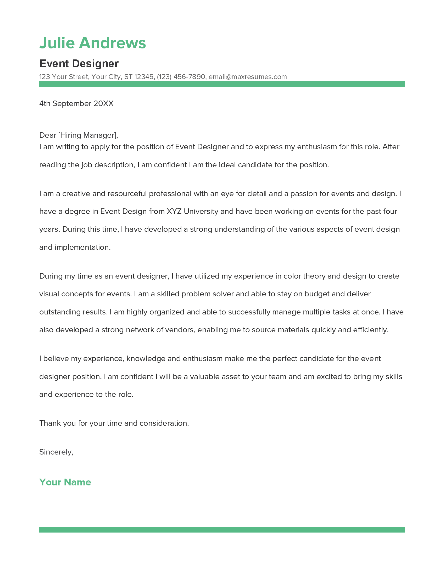 Event Designer Cover Letter Example