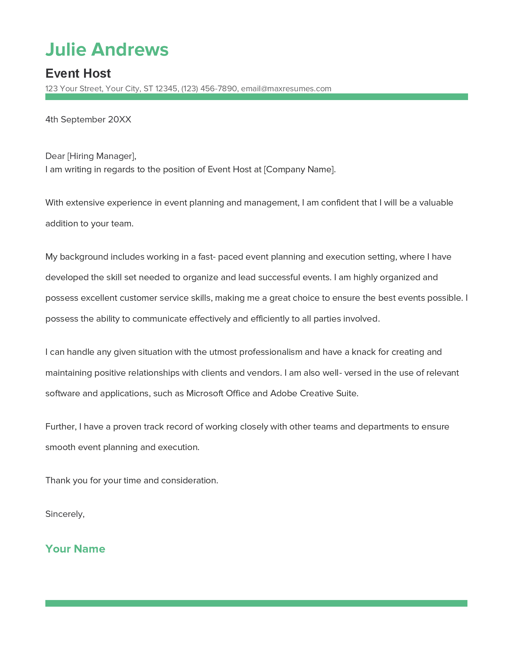 Event Host Cover Letter Example