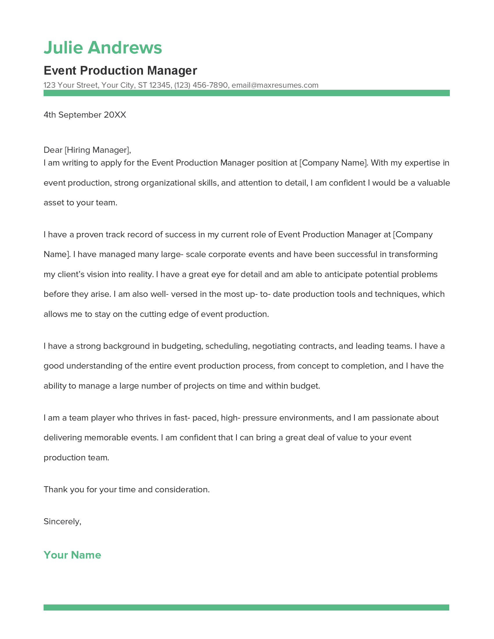Event Production Manager Cover Letter Example