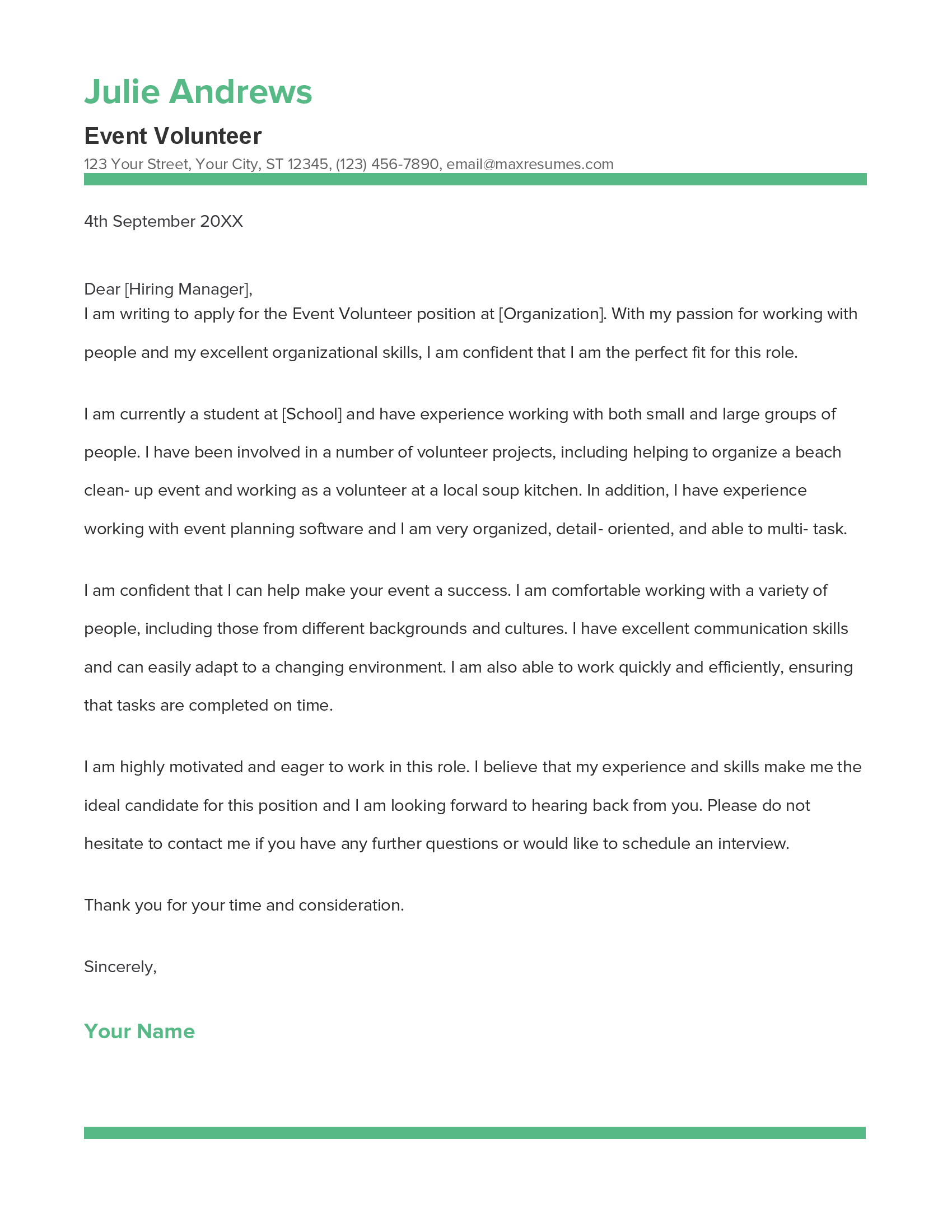 Event Volunteer Cover Letter Example