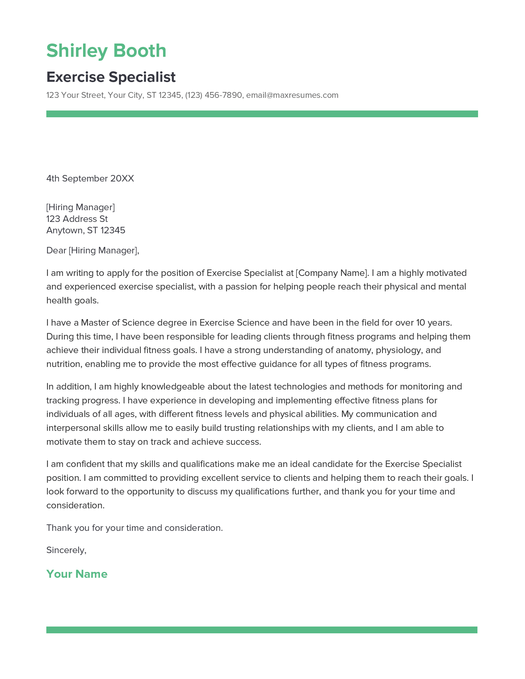 Exercise Specialist Cover Letter Example