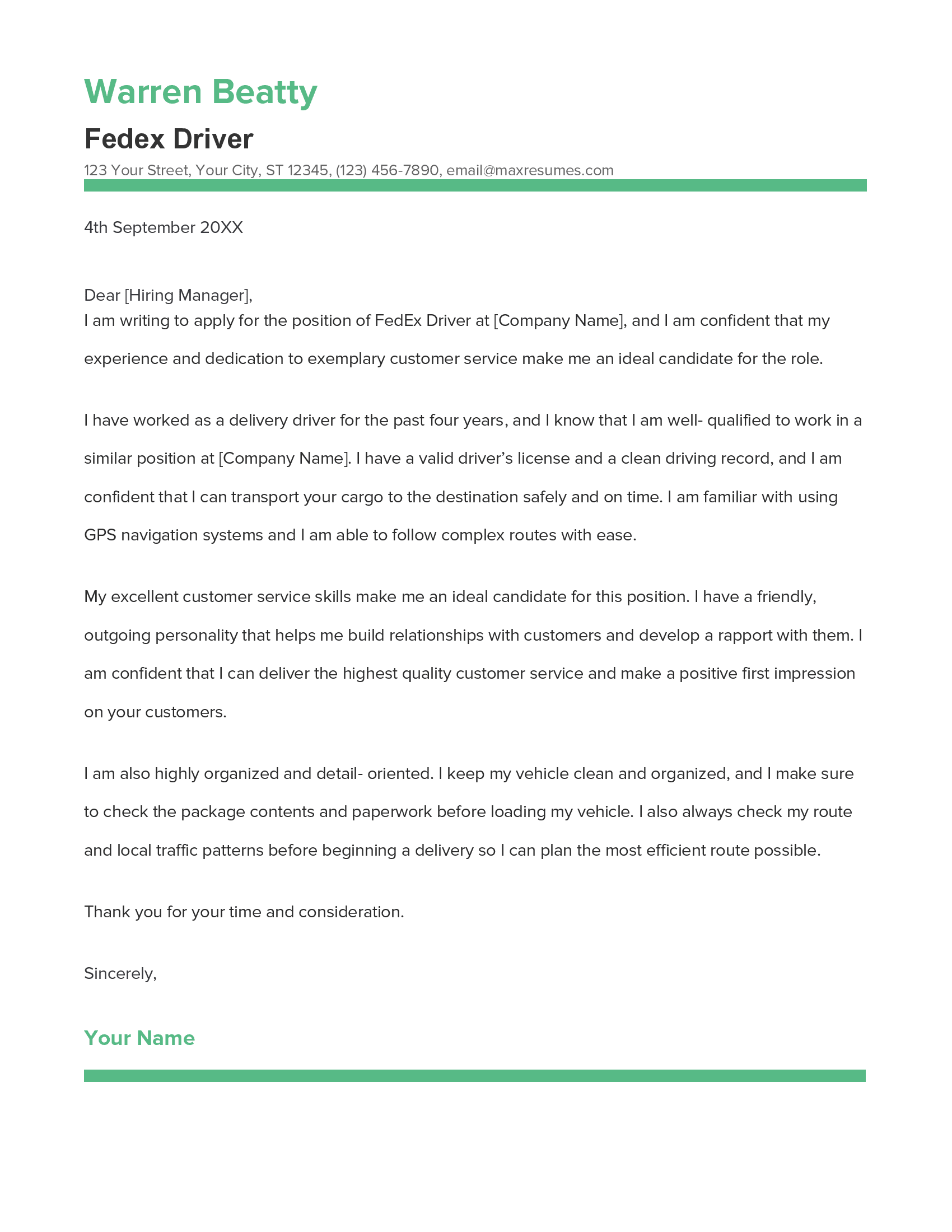 Fedex Driver Cover Letter Example