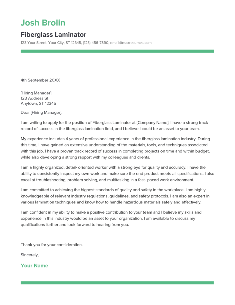 Best Fiberglass Laminator Cover Letter Example for 2023