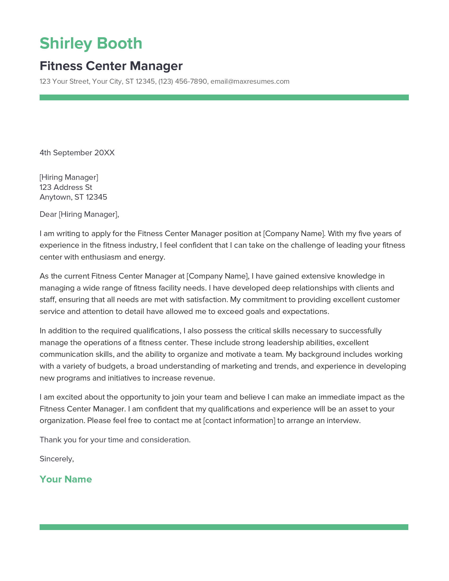 Fitness Center Manager Cover Letter Example