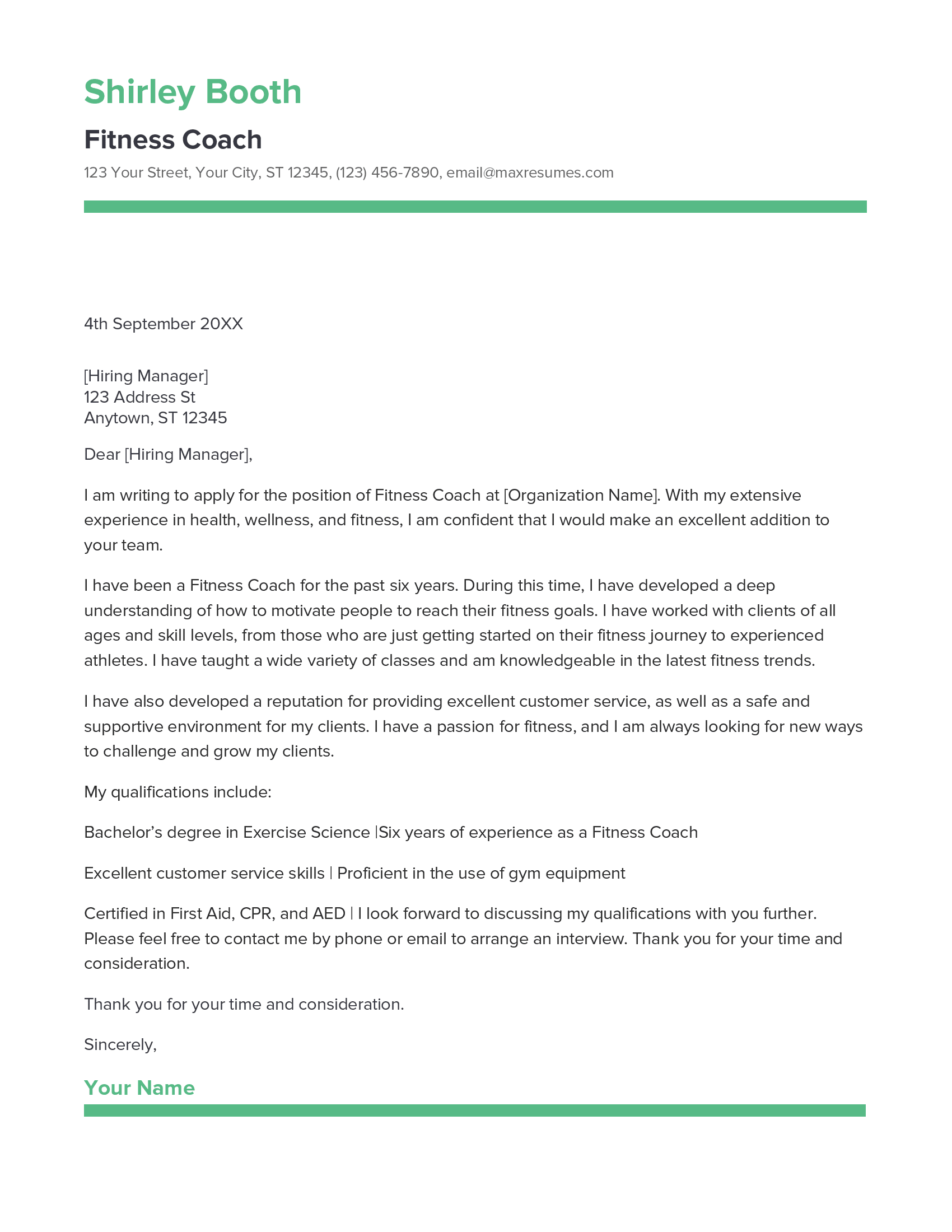 Fitness Coach Cover Letter Example