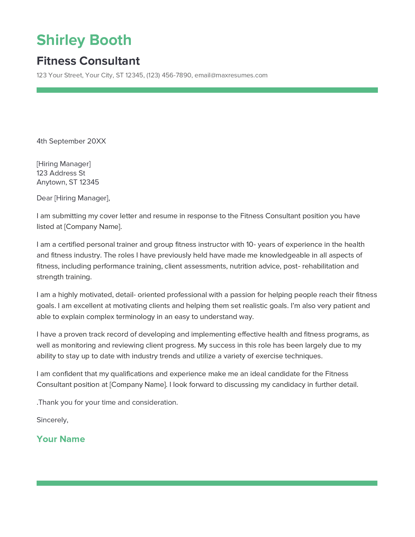 Fitness Consultant Cover Letter Example