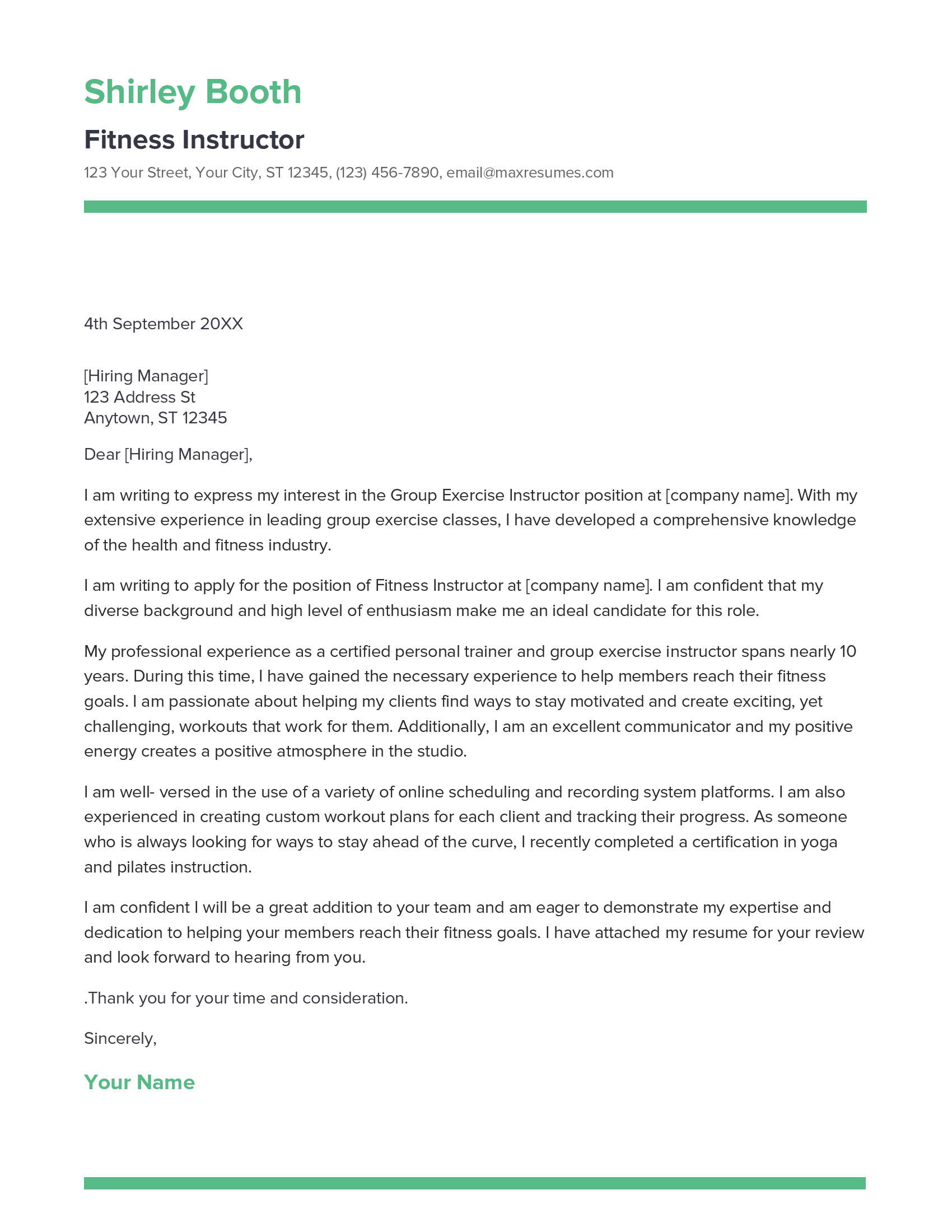 Fitness Instructor Cover Letter Example